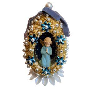 Vintage Christmas Angel Boy Praying Diorama Faux Pearl Easter Egg Tree Ornament